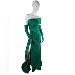 Green One Shoulder Gown with Matching Gloves size 4